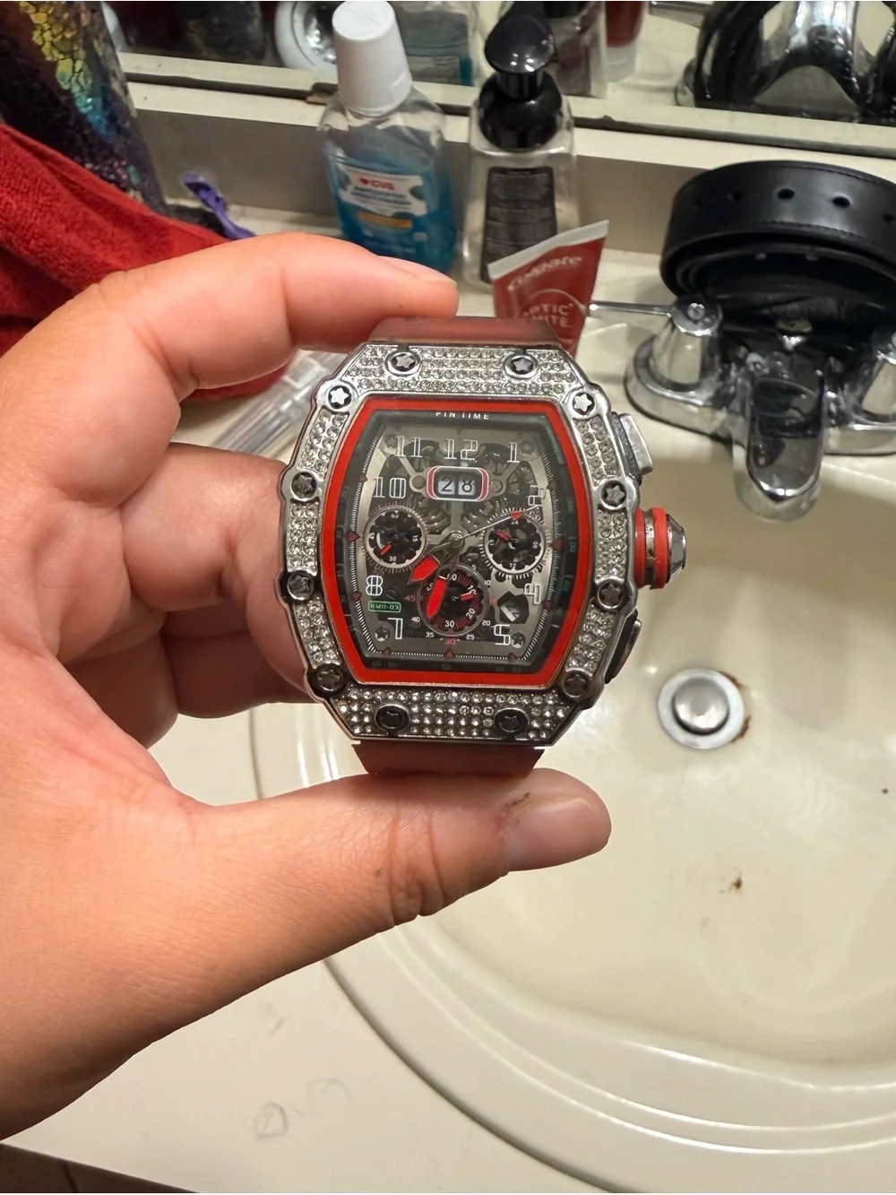 Men's Silver and Red Sport Chronograph Watch
